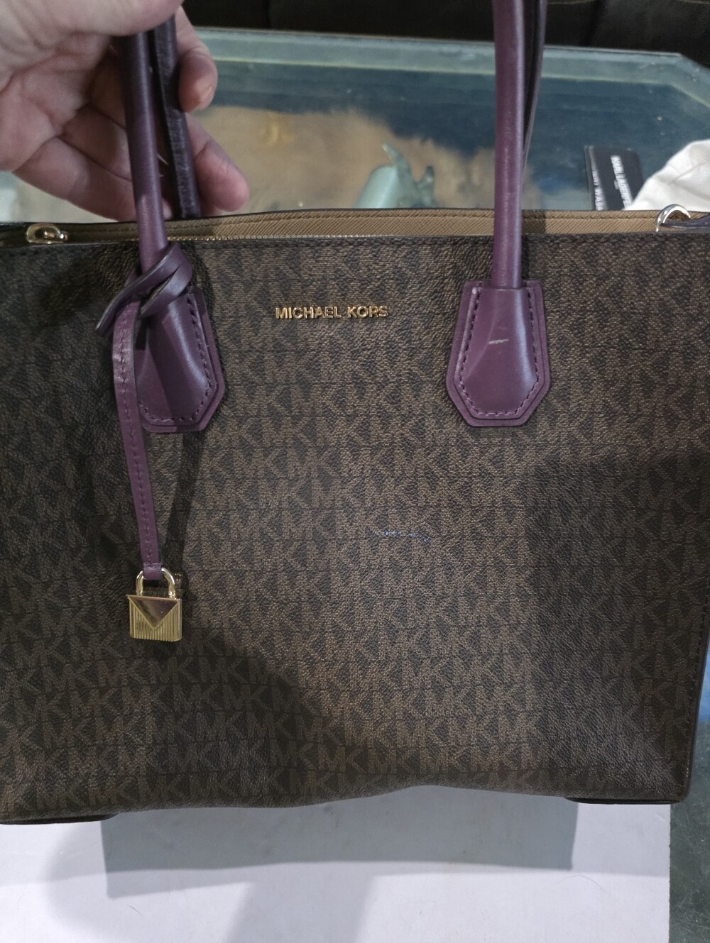 New Michael Kors Brown Logo Tote with Plum Trim and Gold Hardware